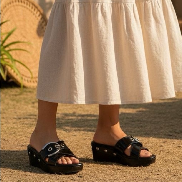 NWT STUART WEITZMAN Black Patent Leather Horse Bit Buckle Wood Sole Sandals 5.5 - Picture 3 of 16